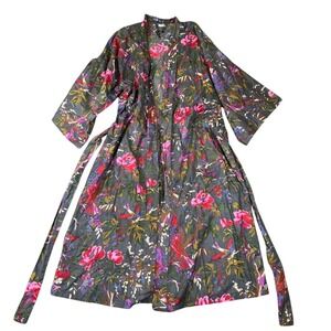 Sevya Handmade Floral Bird Print Cotton Robe Duster Gray Pink One Size Long